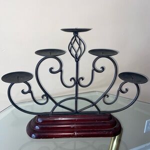 Ornate Black Metal Candelabra with Wooden Base